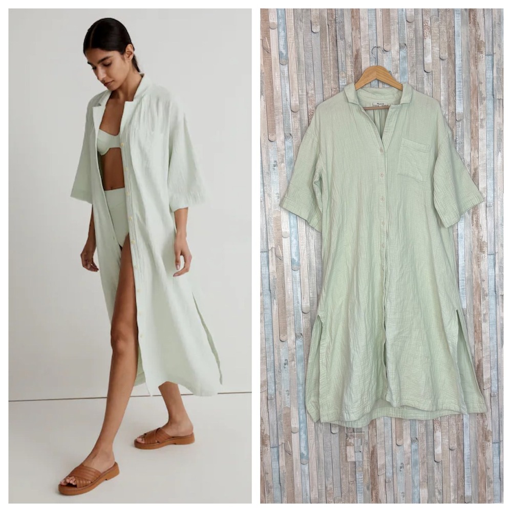 Madewell Lightestspun Cover-Up Maxi Dress‎ Shirtdress Iced Mint Cotton Gauze M